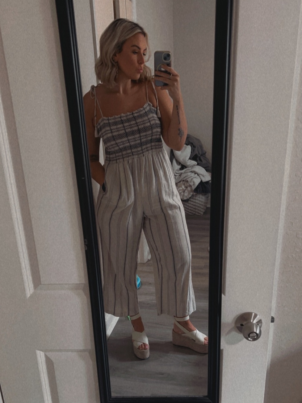 Madewell Linen/Cotton Blend Striped Smocked Jumpsuit in Size XL